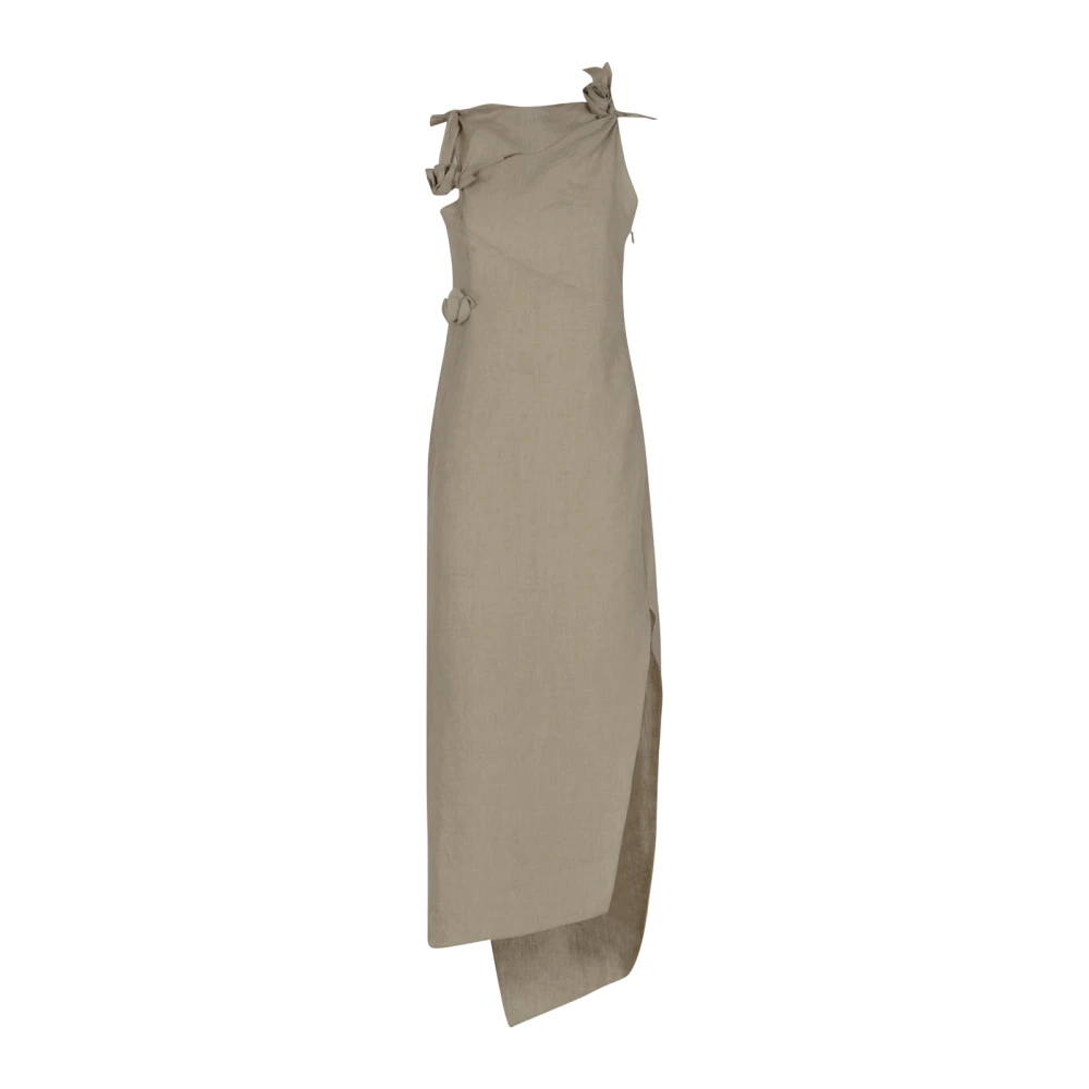 Coperni Women's Beige Midi Dresses, M, Linen Flower Gown