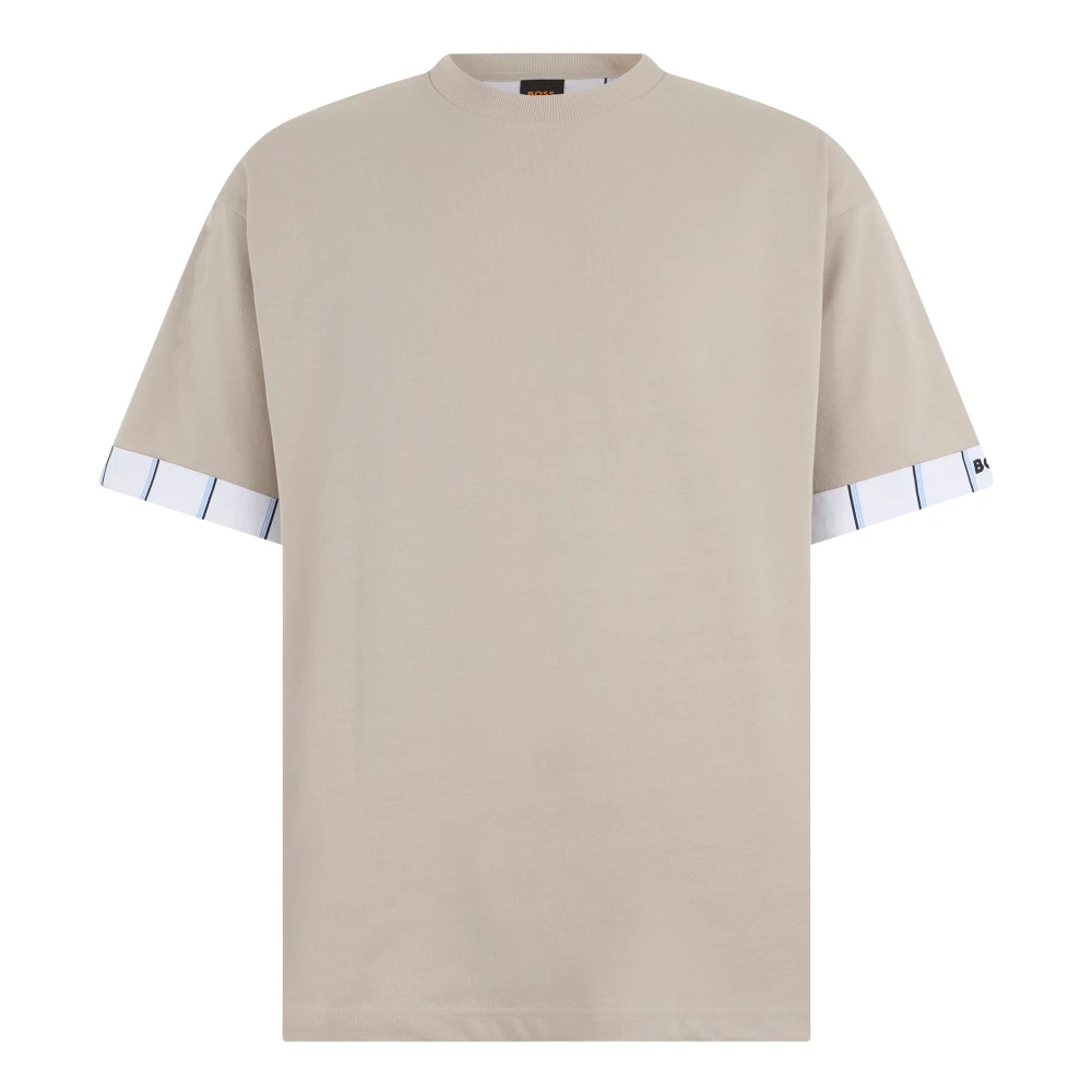 Hugo Men's Beige T-Shirts, M, Cotton T-Shirt With Contrast Sleeves