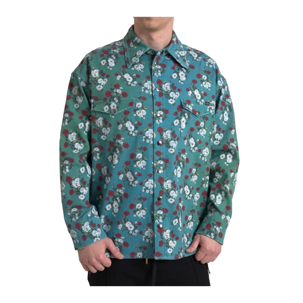 Dolce & Gabbana Men's Blue Floral Denim Button Down Shirt