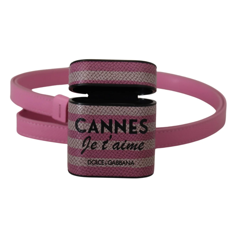 Dolce & Gabbana Roze Zwarte Leren Airpods Hoesje met Gouden Metalen Logo Pink Dames