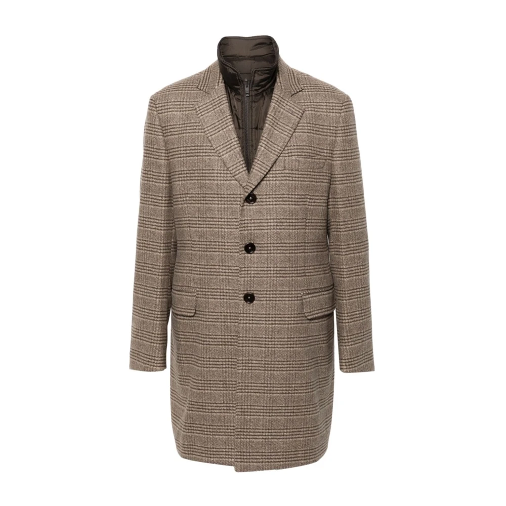 Fay Beige Tartan Wollen Jas met Afneembaar Gilet Beige Heren