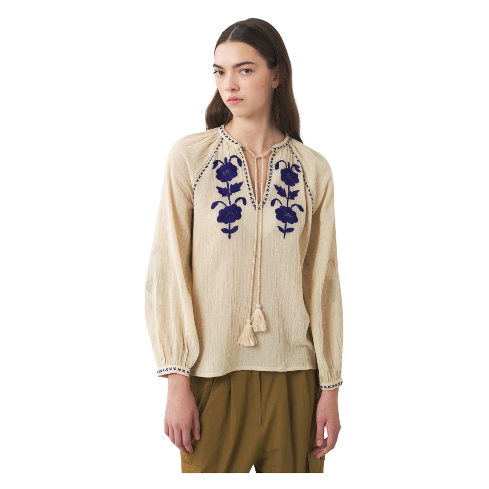 Antik batik Blouse met de hand geborduurd met zijdedraad Ila Beige Dames