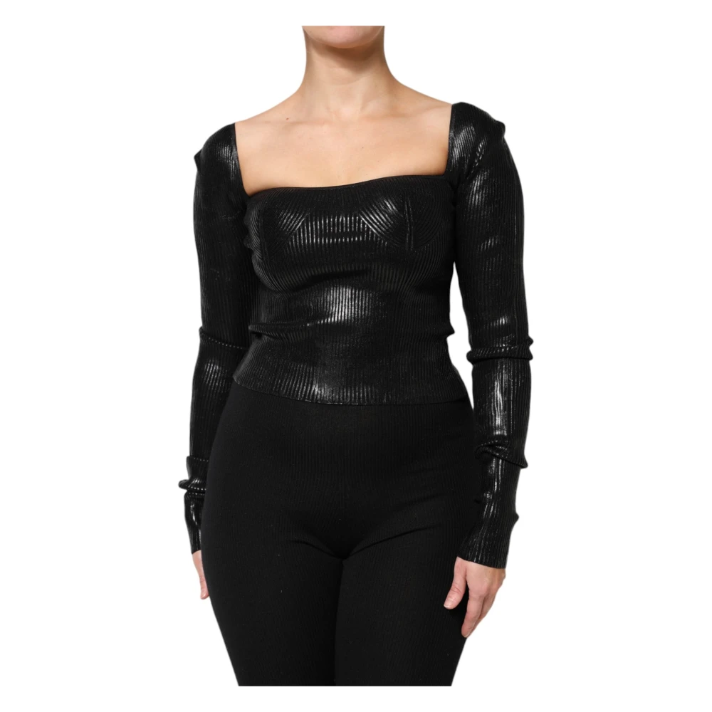 Dolce & Gabbana Vrouw Zwart Tops Dames, S, Leer, Nauwsluitende Blouse Met Lange Mouwen