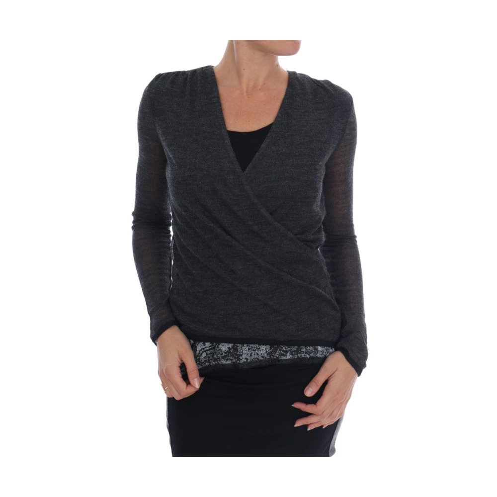 Ermanno Scervino Women's Gray V-Neck Knitwear, M, Wool Lace Top
