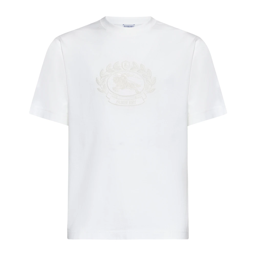 Burberry Men's White Logo Embroidered Crewneck T-Shirt - T-Shirts - L - Tops