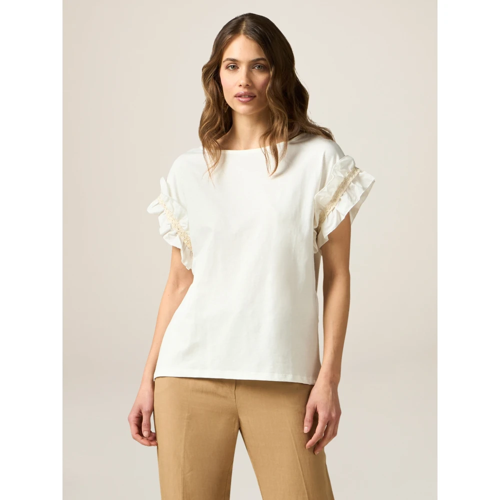 Oltre Katoenen T-shirt met Poplin Ruche White Dames