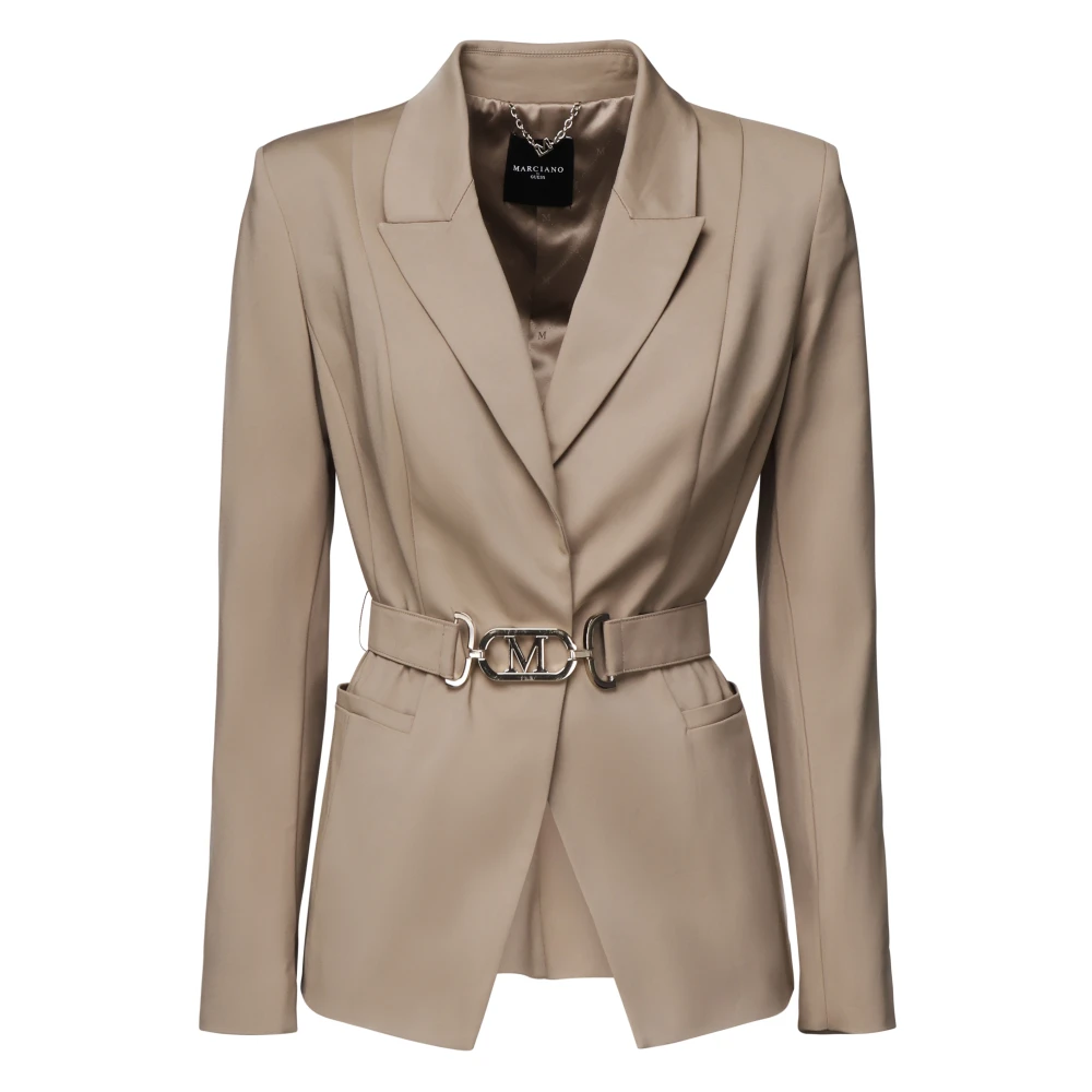 Guess Beige Blazers, Female, Xl, Belted Jacket With Logoed Buckle