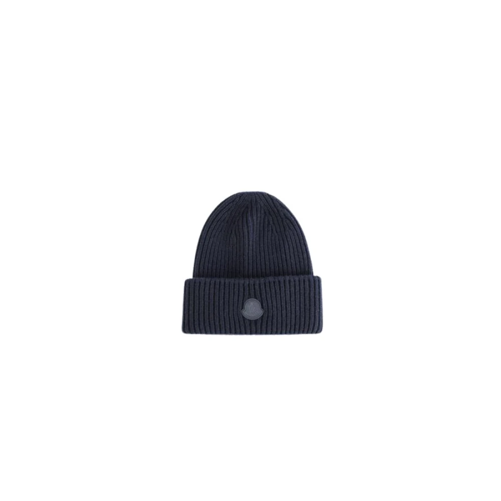 Moncler Navy Blue Cashmere Hat Leather Logo Blue Heren