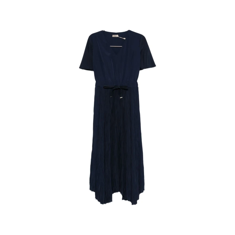 Herno Women's Blue Pleated Skirt V-Neck Short Sleeve Drawstring Waist Midi Dress - Midi Dresses - S - Dresses