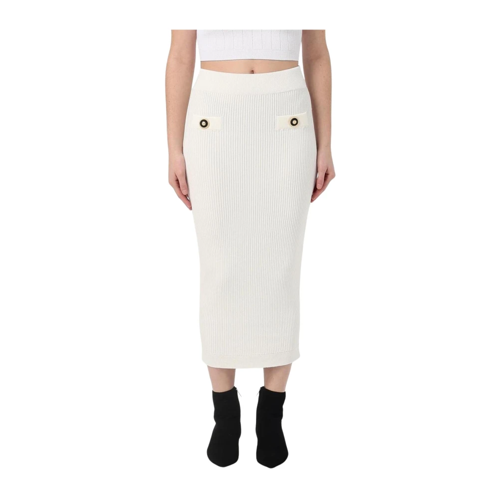Balmain Women's White Ribbed Knit Midi Skirt