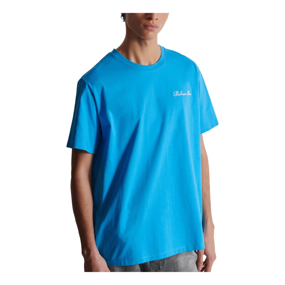 Balmain Relaxed T-shirt met Handtekeningborduursel Blue Heren