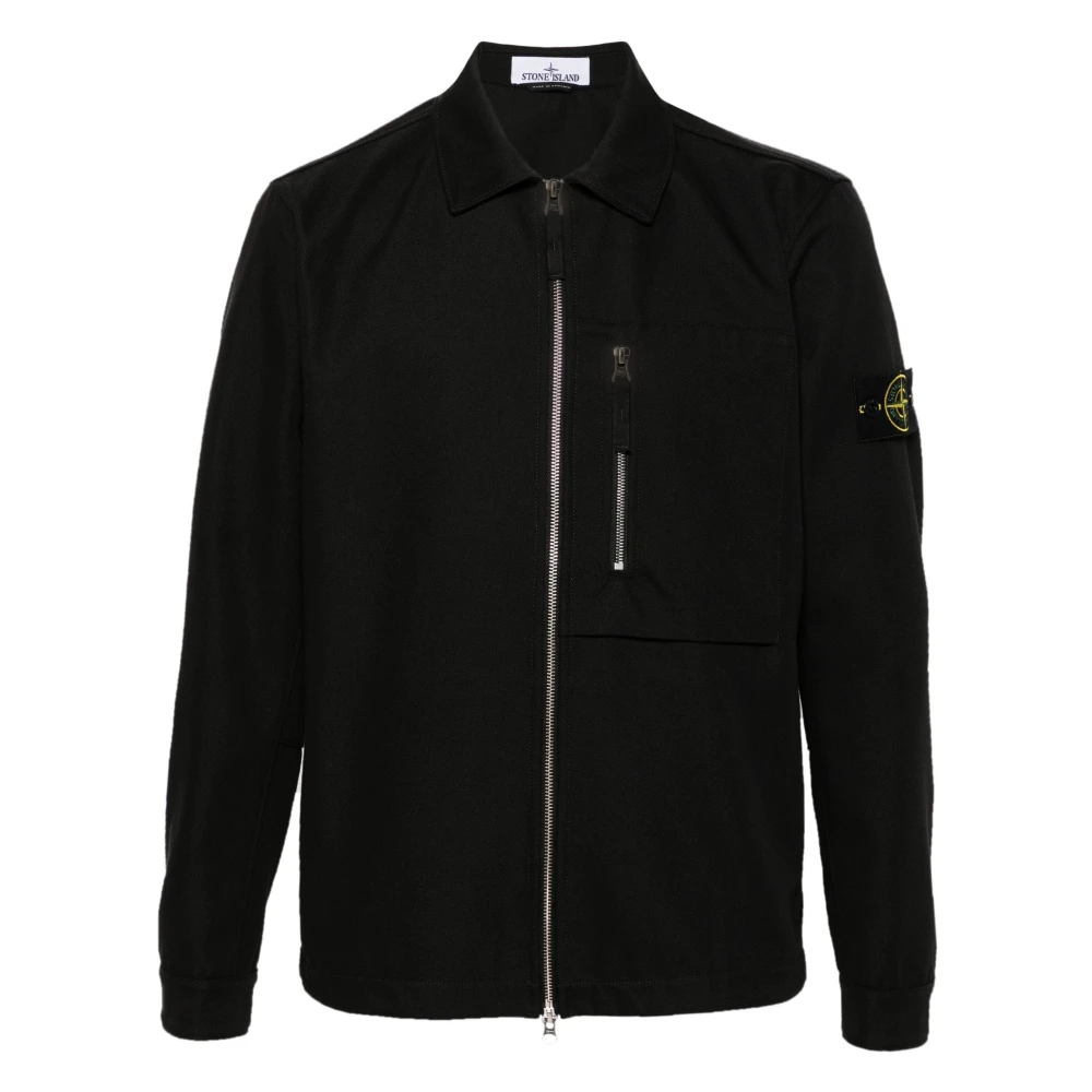 Stone Island Svart Bomullsblandning Overshirt med Kompassmärke Black, Herr