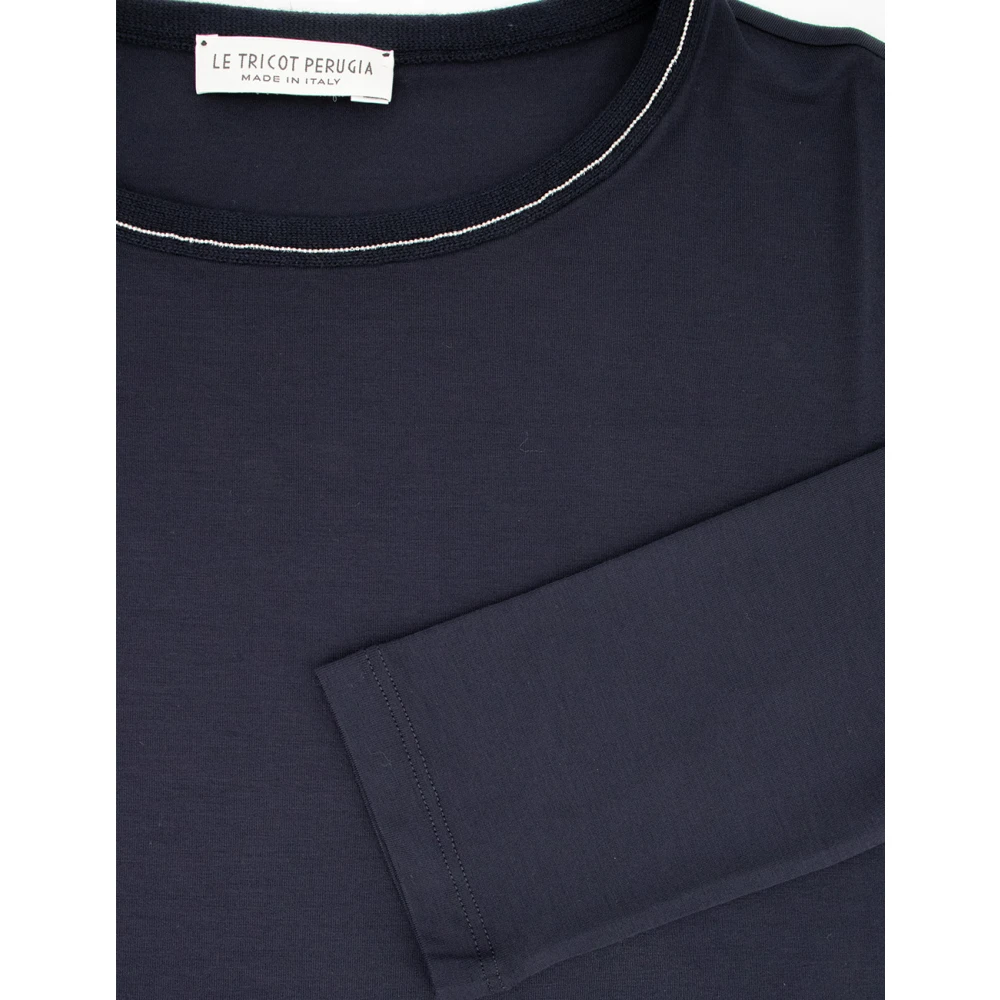 Le Tricot Perugia Lurex Crew Neck Gebreid Shirt Blue Dames