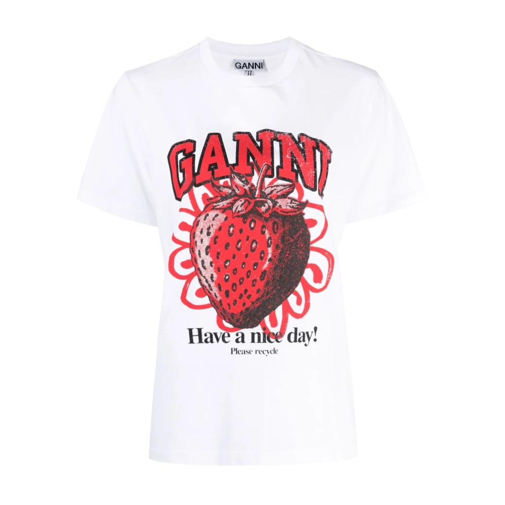 Ganni Katoenen T-shirt met Grafische Print White Dames