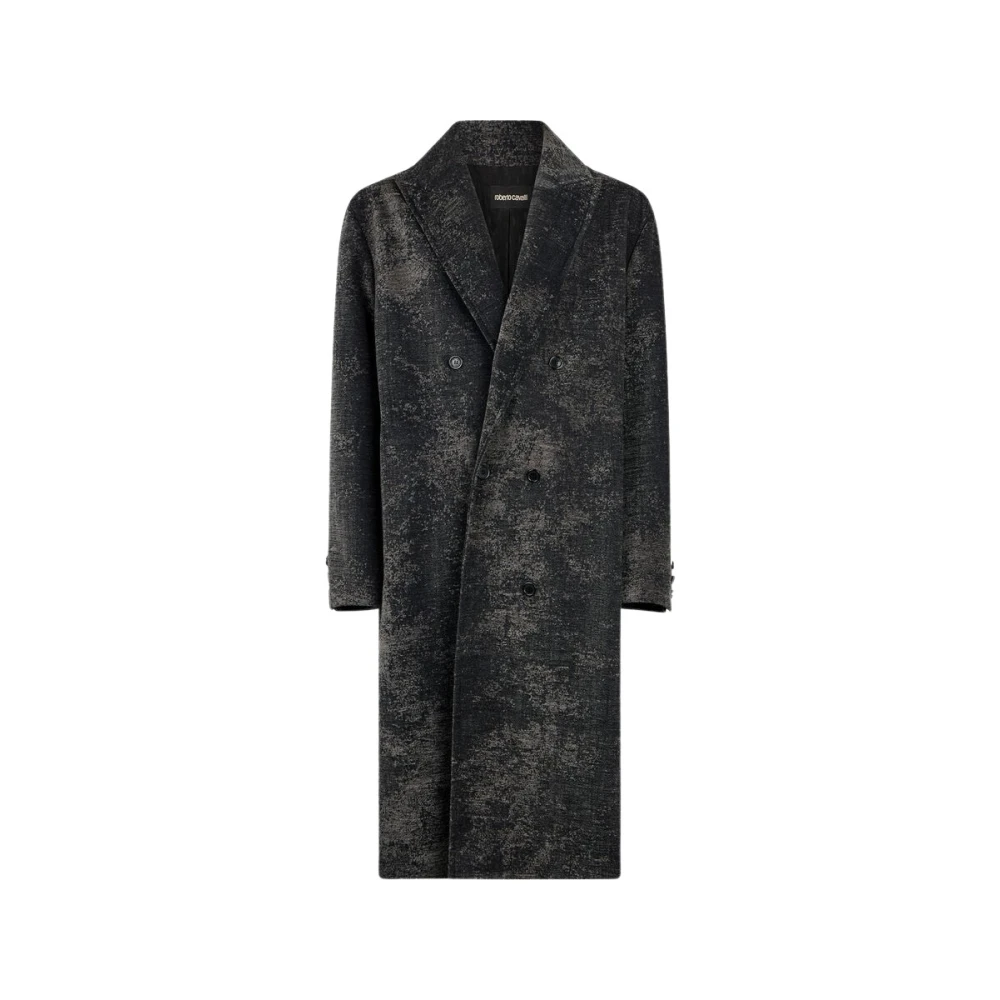 Roberto Cavalli Black Double-Breasted Coats, Male, M, Double-Breasted Coat With Distressed Effect