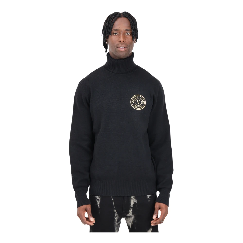 Versace Jeans Couture Zwarte trui met V-embleemlogo met hoge hals Black Heren