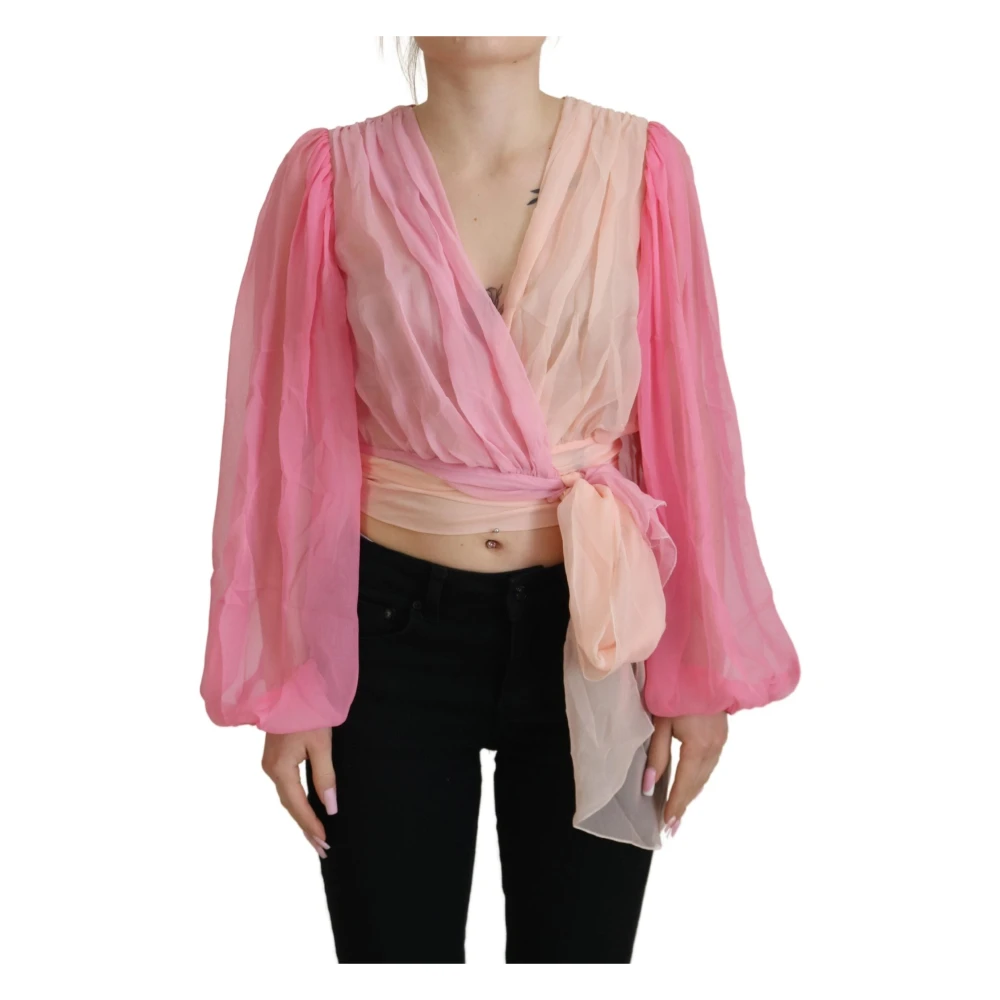 Dolce & Gabbana Women's Pink Blouses, 2XS, Silk Wrap Long Sleeves Blouse Top