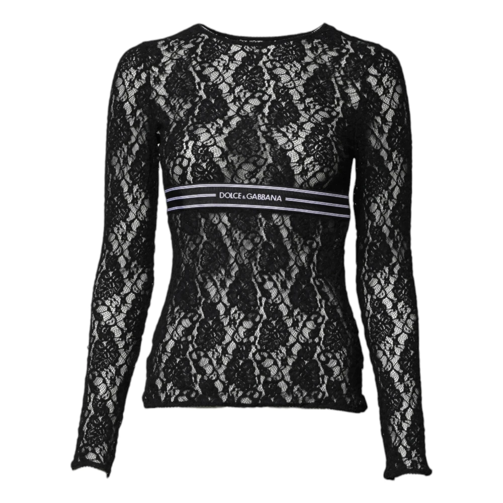 Dolce & Gabbana Women's Black Round-Neck Knitwear,, Floral Lace Pullover Top Extra Small