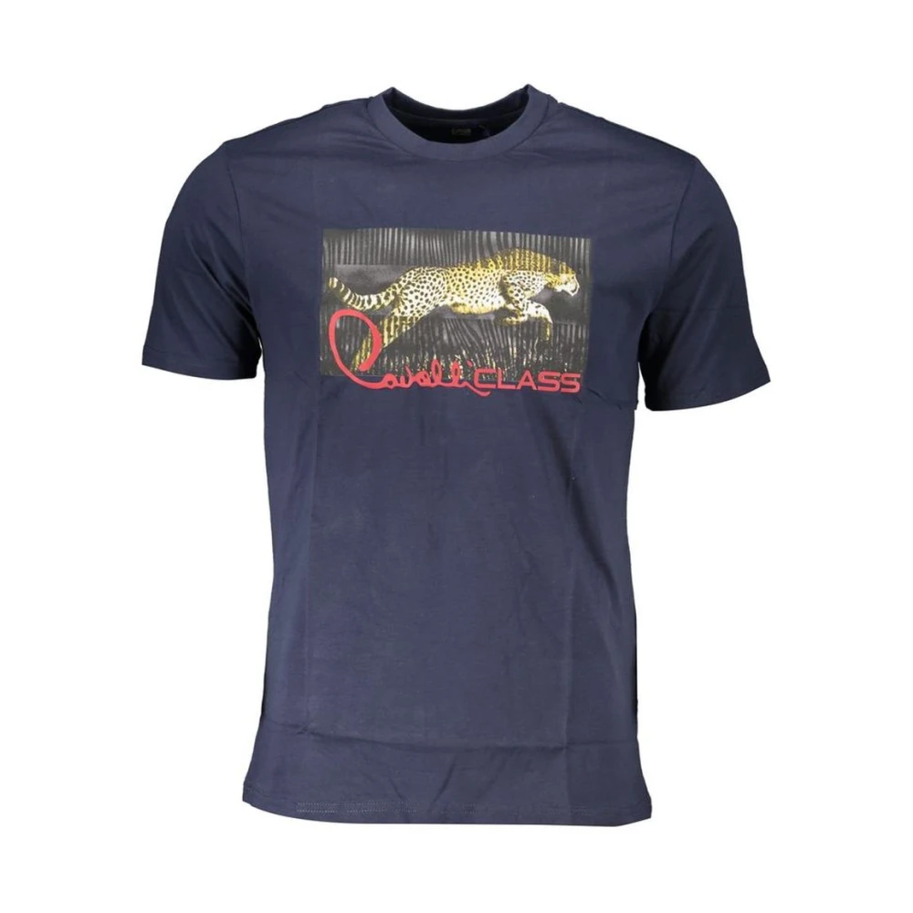 Cavalli Class Men's Blue Cheetah Graphic Tee Crew Neck