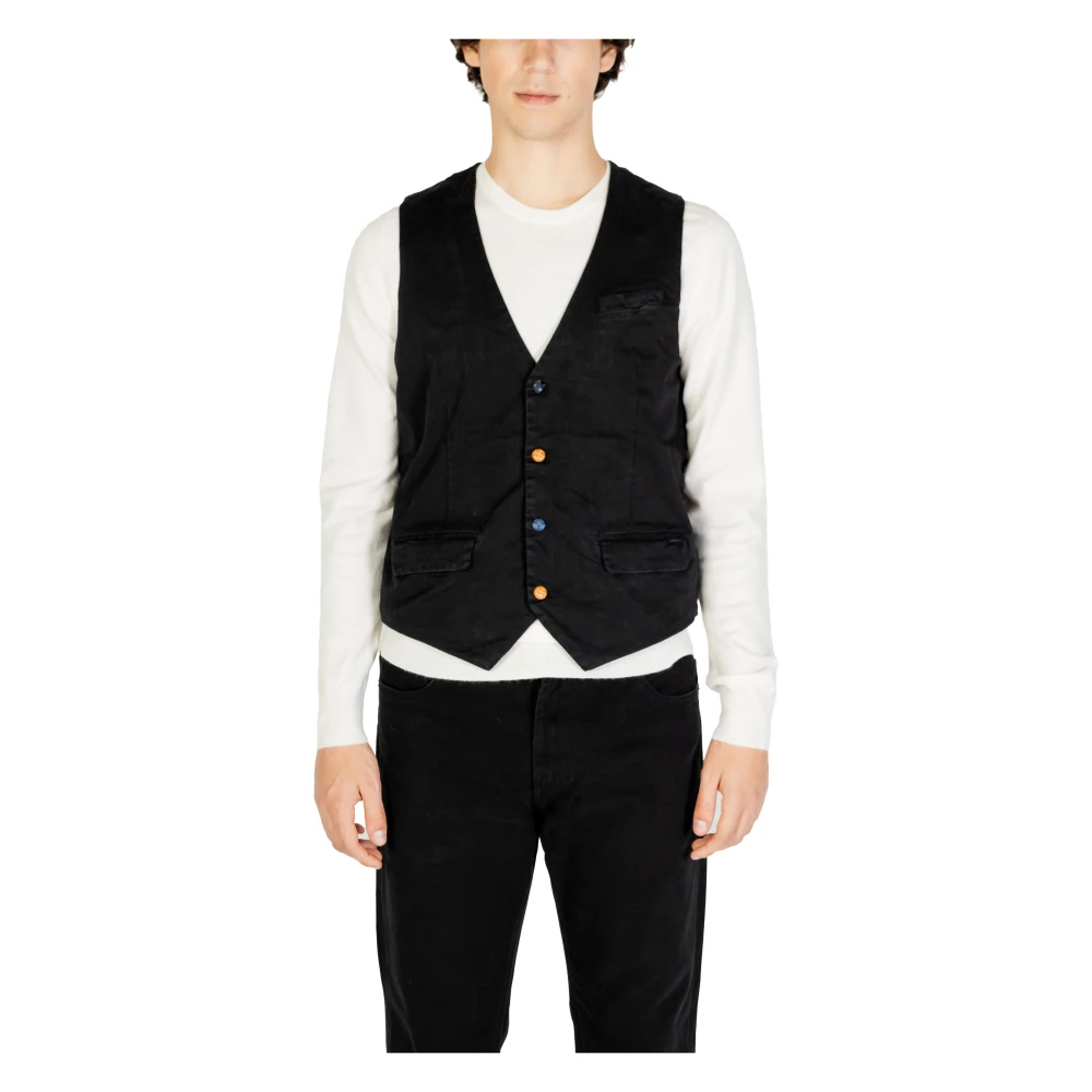 Gianni Lupo Zwarte V-Hals Button-Up Gilet Black Heren
