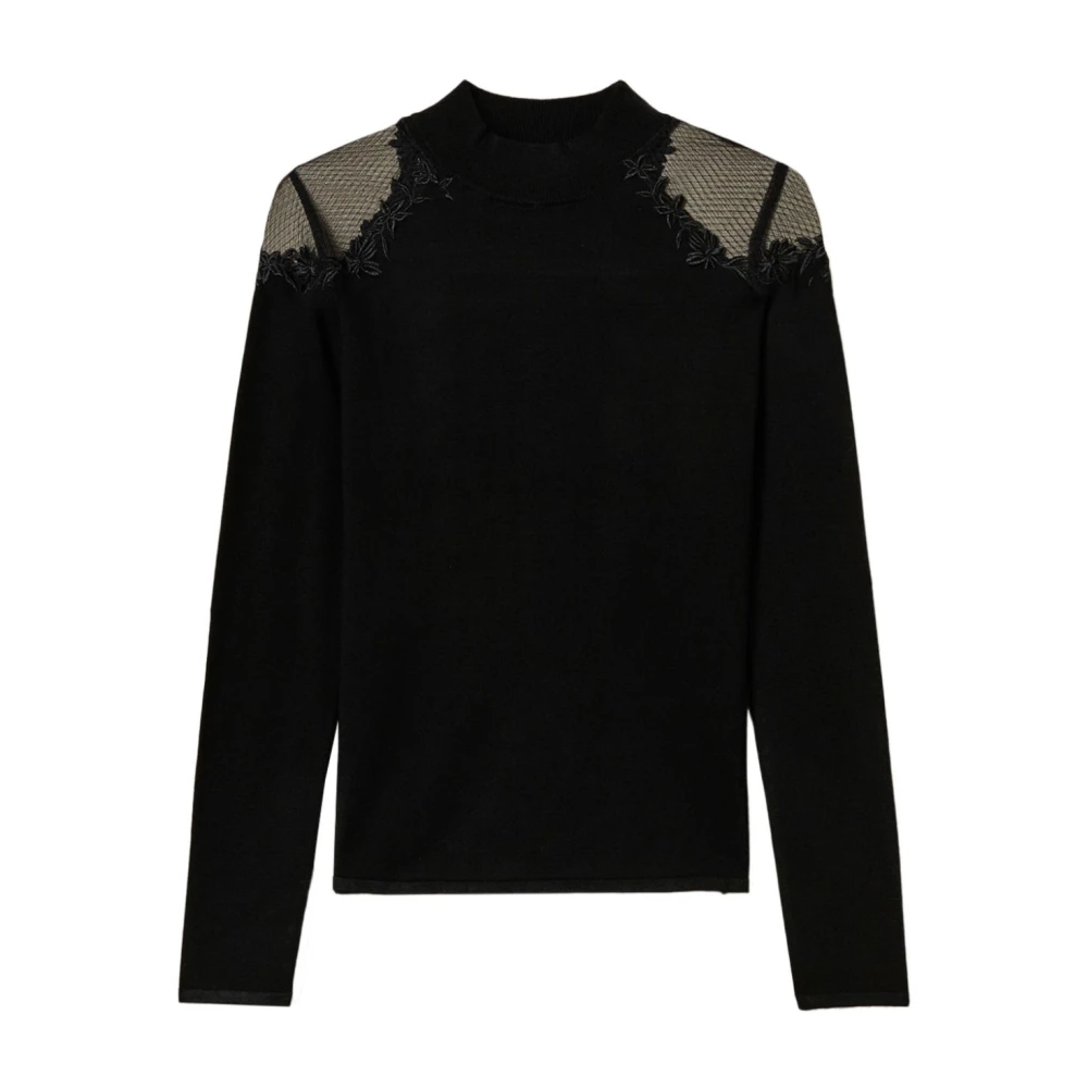 Twinset Zwarte Geborduurde Trui met Tule Panelen Black Dames