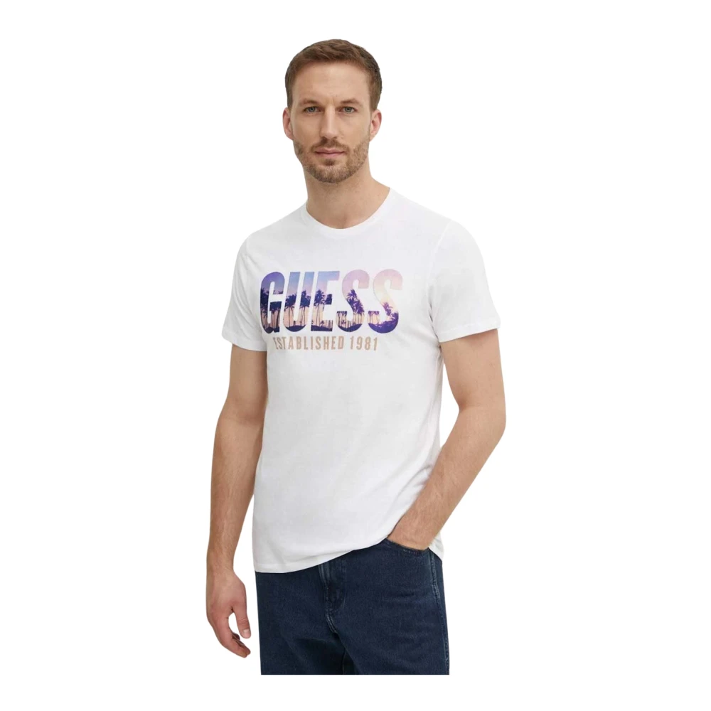 Guess Geborduurd Logo T-Shirt Wit Slim Fit White Heren