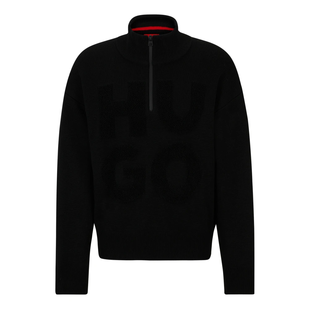 Hugo Boss Jacquard Oversize Fit Troyer met Stack Logo Black Heren