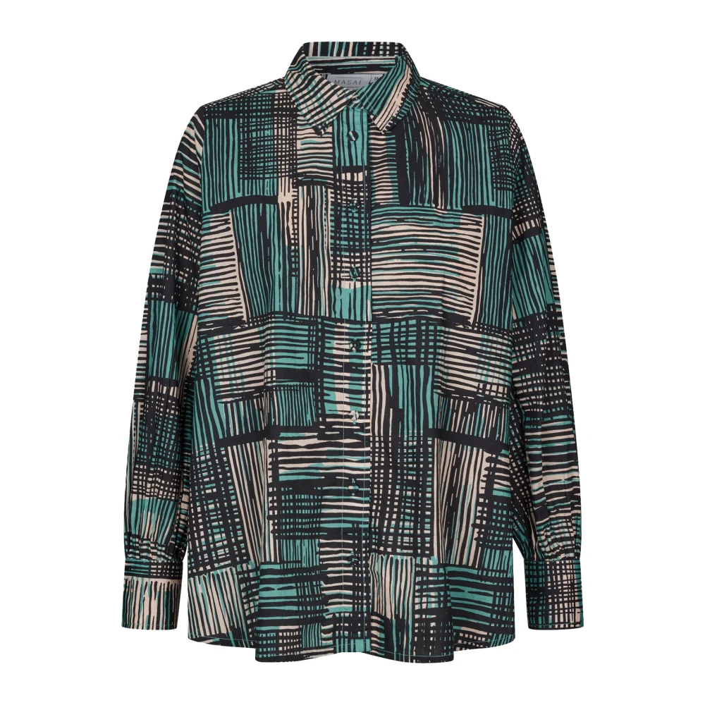 Masai Geruite A-lijn Shirt Teal Multicolor Dames