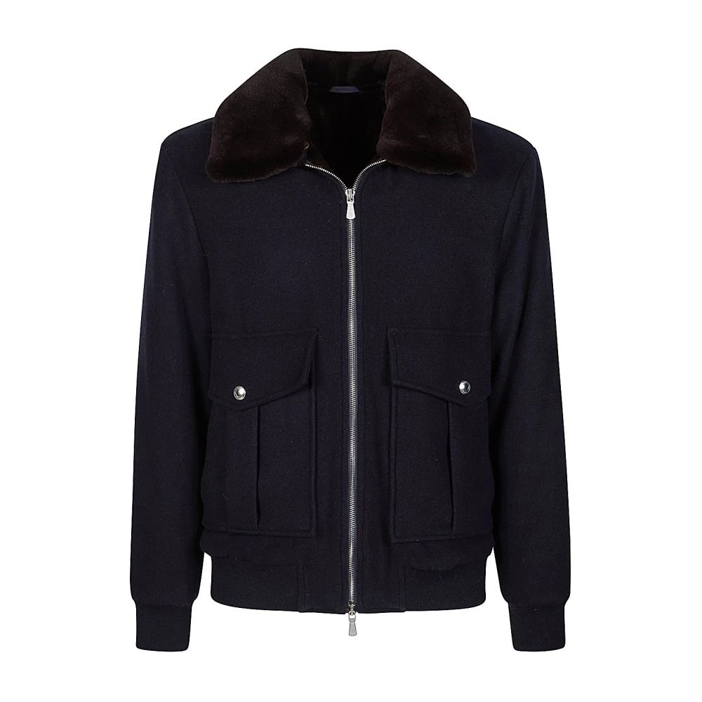 Eleventy Men's Blue Light Jackets, Xl, Aviator Style Wool Jacket With Mink Collar