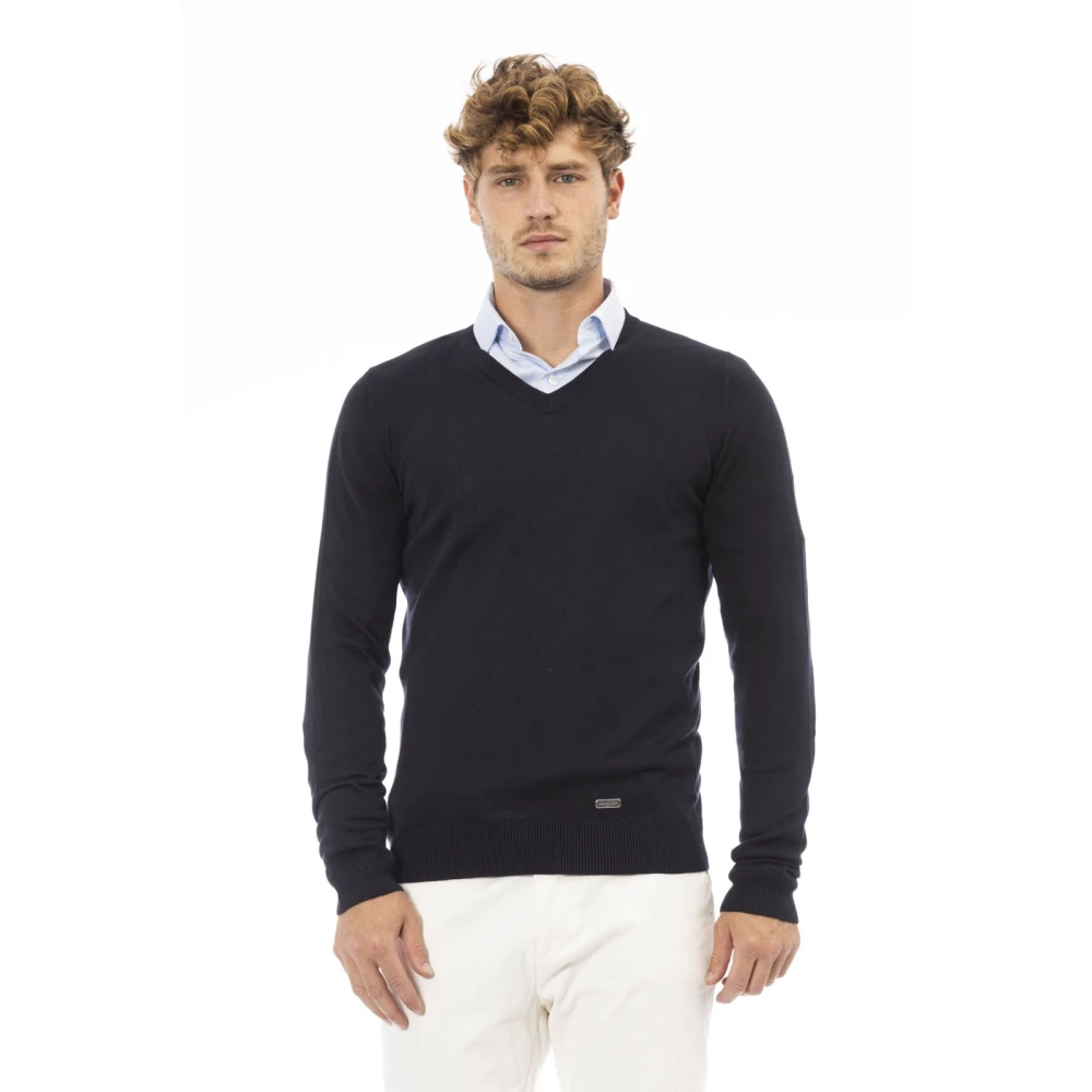 Baldinini Blauwe V-hals trui met geribbelde details Blue Heren