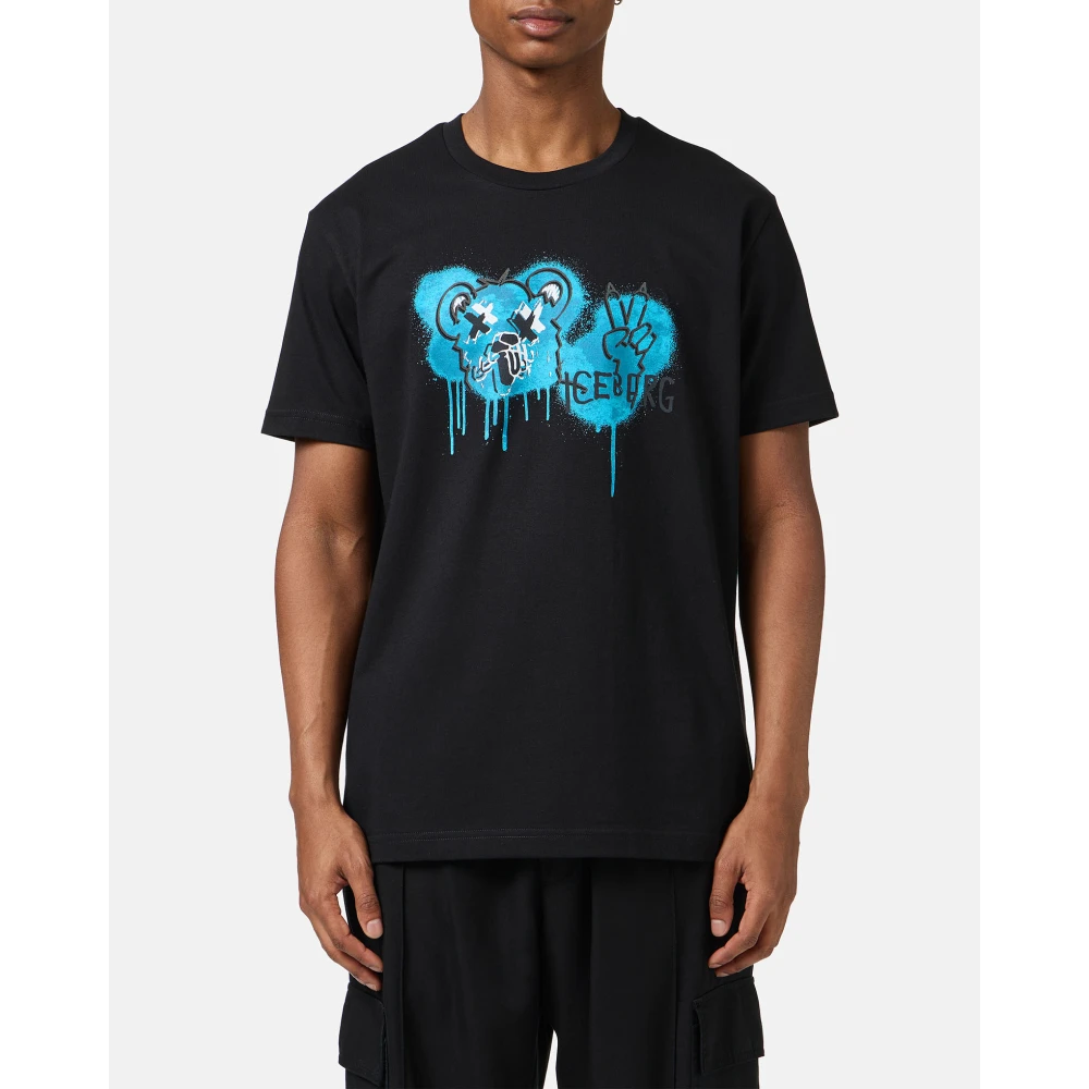 Iceberg Klassiek zwart regular fit wit katoenen jersey t-shirt Black Heren