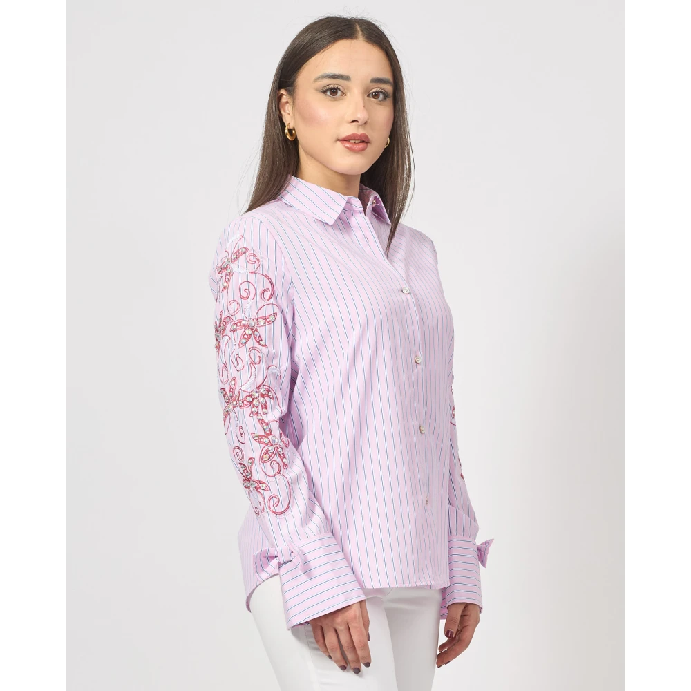 Fracomina Gestreepte popeline overhemd met borduurwerk Pink Dames