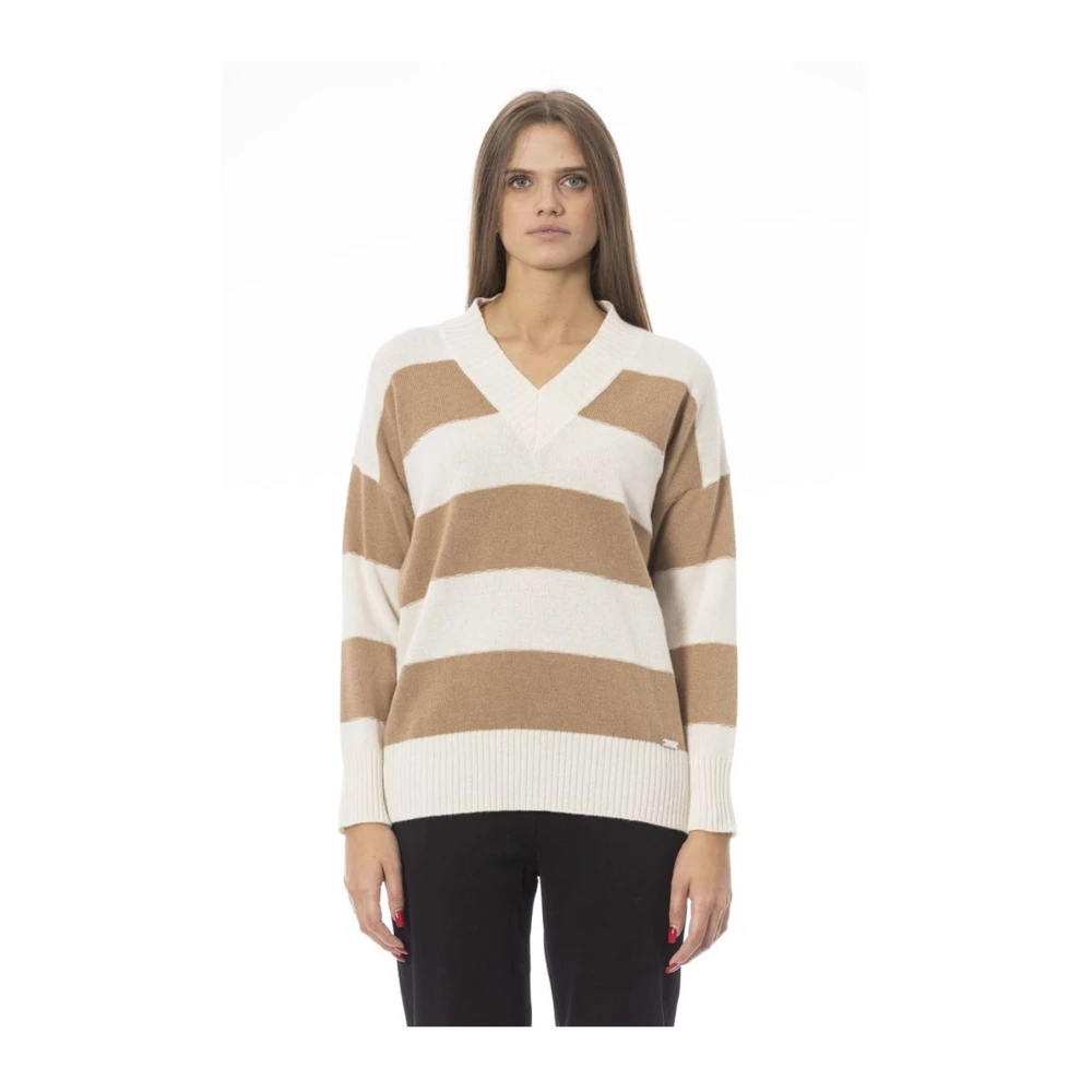 Baldinini V-hals wollen trui met ribdetails Multicolor Dames