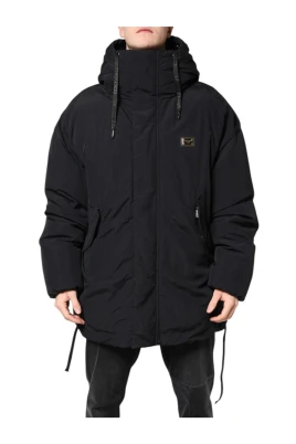 Svart Nylon Dragkedja Huva Parka Jacka