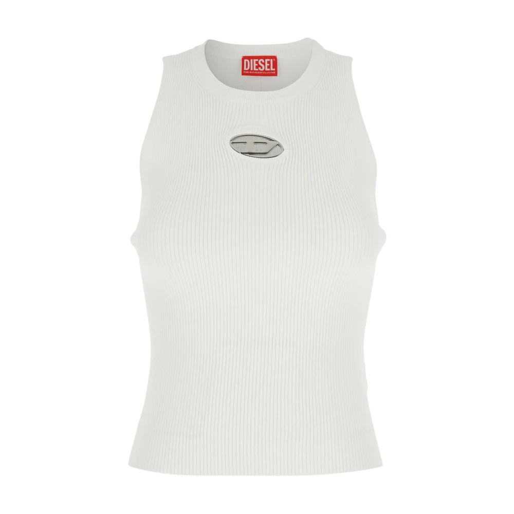 Diesel Geribbelde Crew-Neck Top met Metallic Logo White Dames
