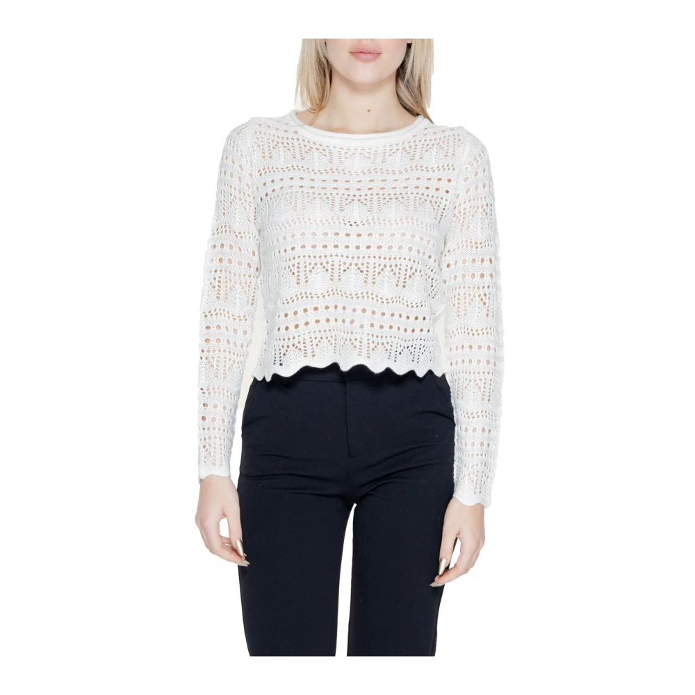 Jacqueline De Yong Women's White Round-Neck Knitwear, Xs, Knit Long Sleeve Pullover