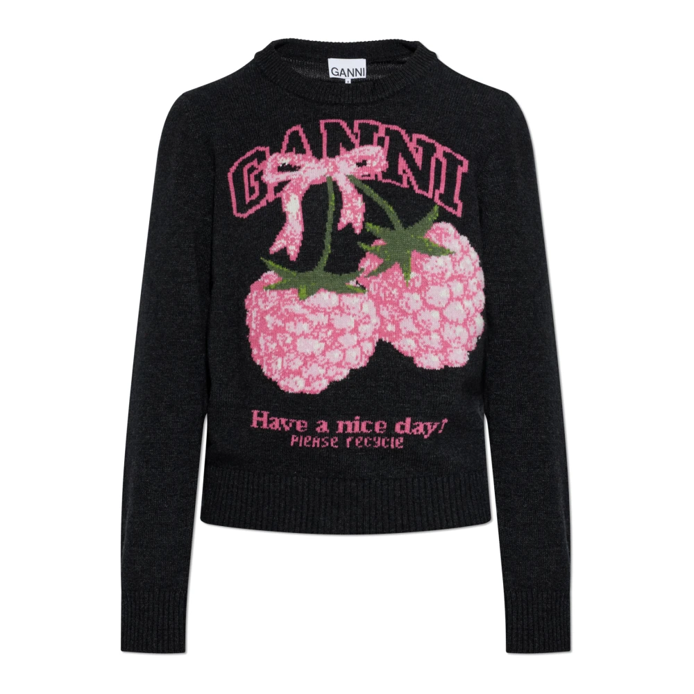 Ganni Black Round-Neck Knitwear, Female, L, Jumper With Logo