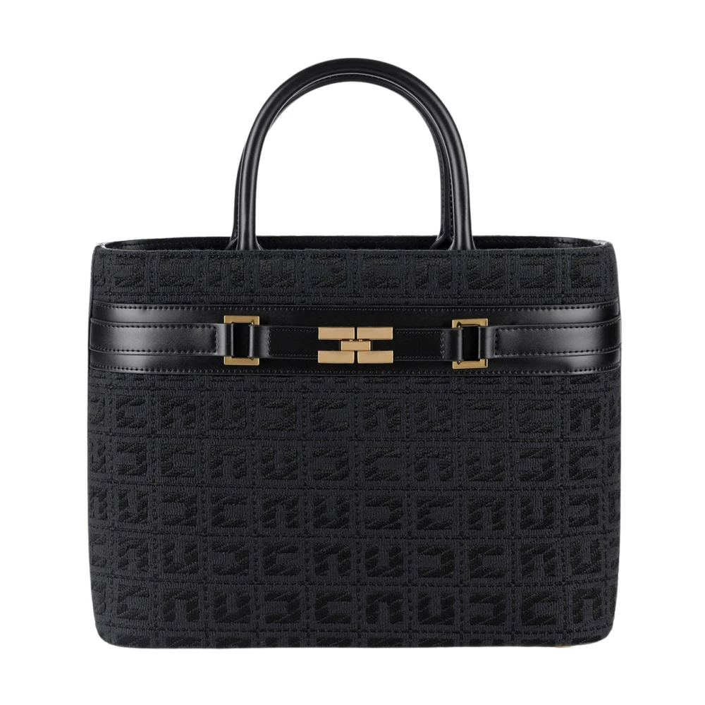 Elisabetta Franchi Zwarte Jacquard Shopper Tas met Gouden Details Black Dames