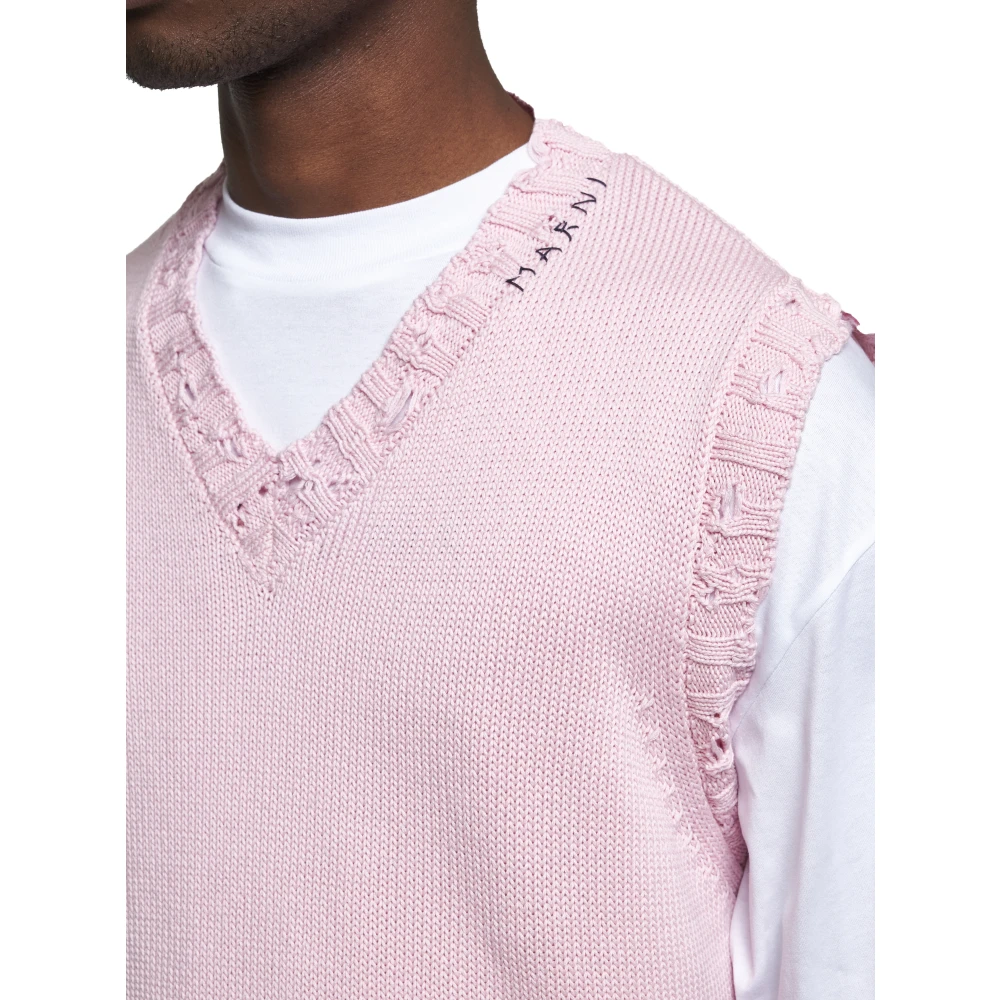 Marni Geribbelde V-hals Roze Katoenen Trui Pink Heren