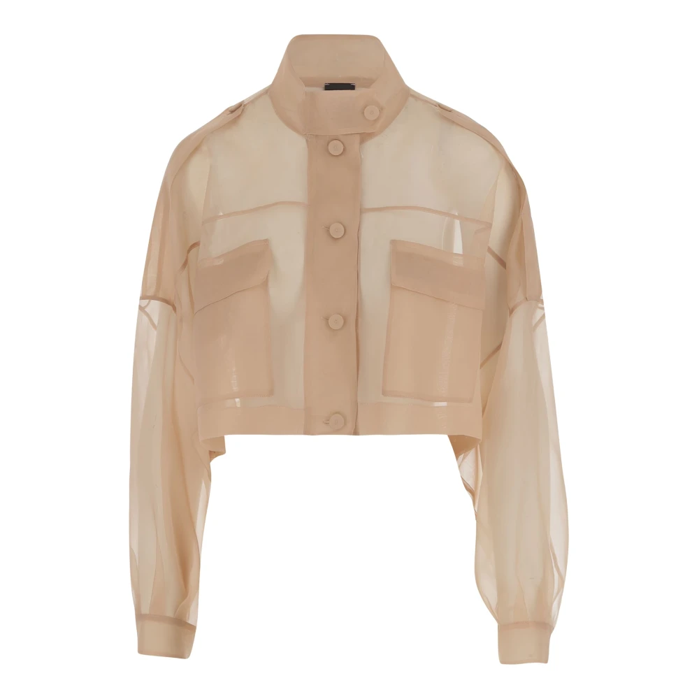 pinko Zijden Jas Hoge Kraag Knoopsluiting Beige Dames
