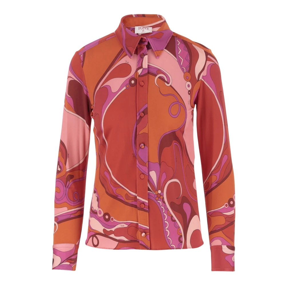EMILIO PUCCI Satin Jersey Shirt met Orchidee Patroon Orange Dames