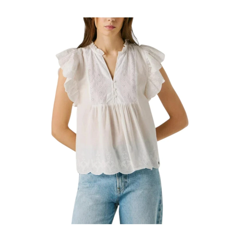 Pepe Jeans Women's White Blouses, S, Fluid Ruffle Shoulder Blouse