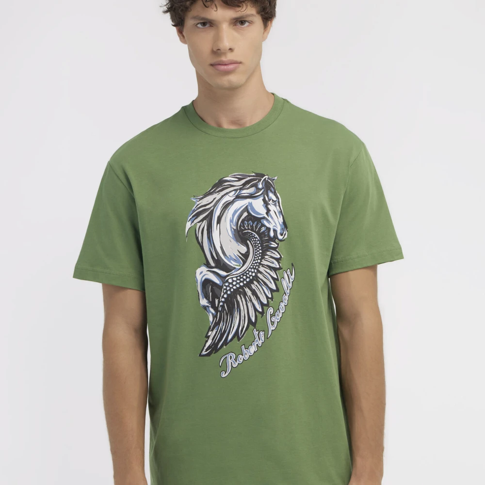 Roberto Cavalli T-shirt met Paardenlogo en Print Green Heren