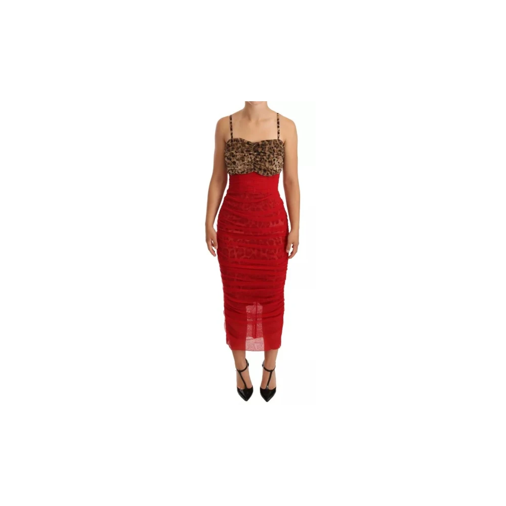 Dolce & Gabbana Women's Red Maxi Dresses, 2XS, Leopard Print Sheath Midi Dress With Corsetry