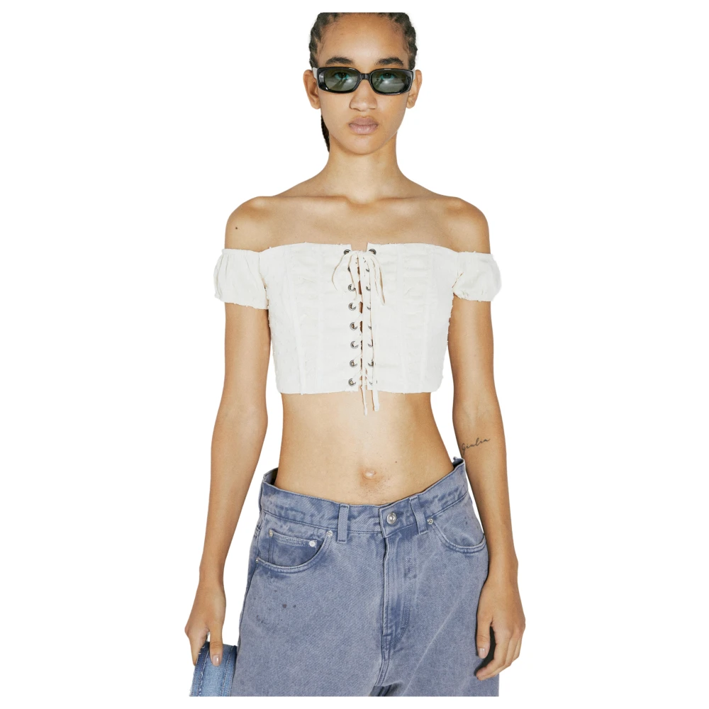 Guess Women's White Sleeveless Tops, M, Lace Corset Crop Top
