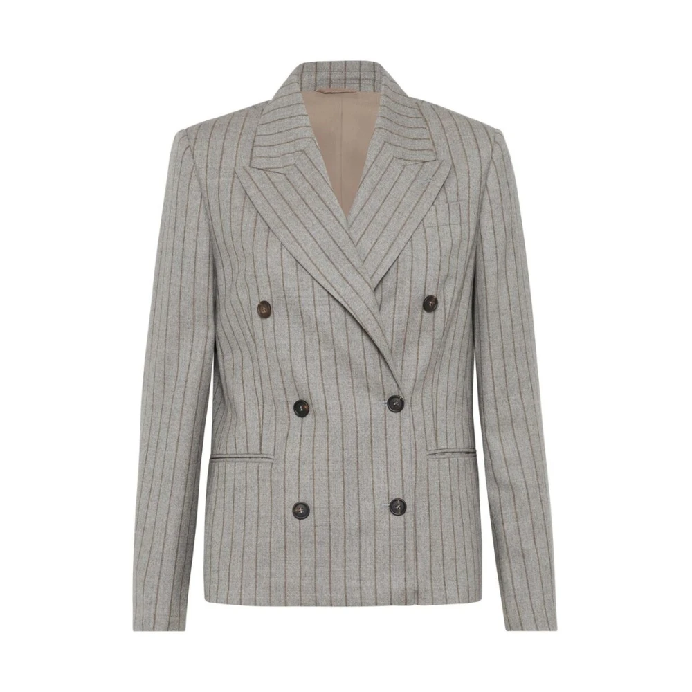 BRUNELLO CUCINELLI Taupe Wol Pinstripe Jas met Ketting Gray Dames