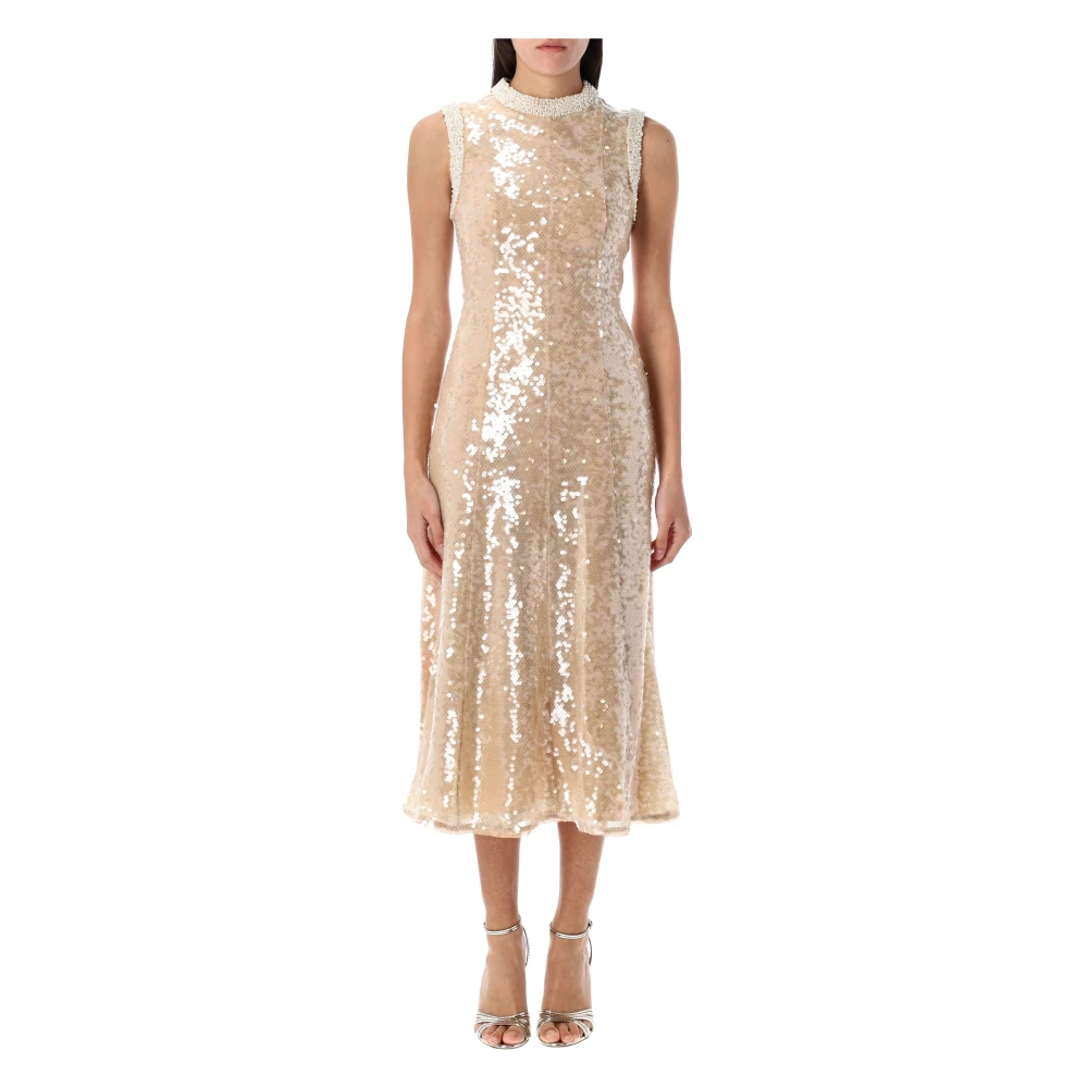 Self Portrait Parel Trim Pailletten Midi Jurk Beige Dames