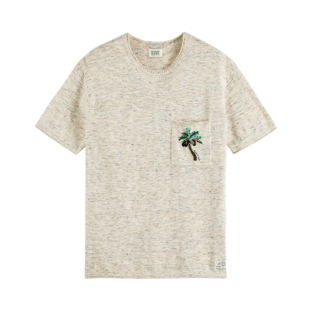 Scotch & Soda Gebreid T-shirt van linnenmix met tropische artwork Beige Heren