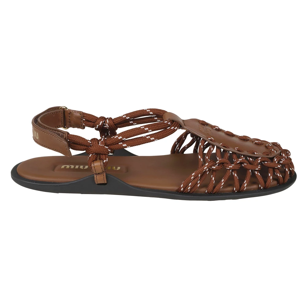Miu Miu Women's Brown Leather And Cord Sandals - Flat Sandals - 3 Uk - Shoes