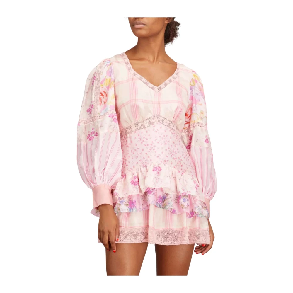 Loveshackfancy Zijden Patchwork Mini Jurk Pink Dames